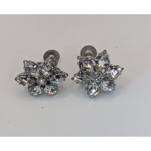 Vtg Mid Century Clear Rhinestone Snowflake Starburst Screw Back Earrings Retro